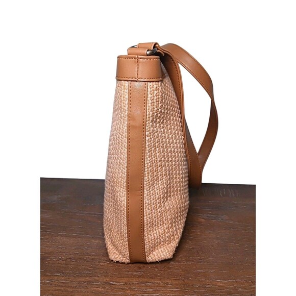 Vintage Fossil Tan Woven Straw Brown Leather Strap Tote Shoulder Bag Boho Y2K - Picture 2 of 5